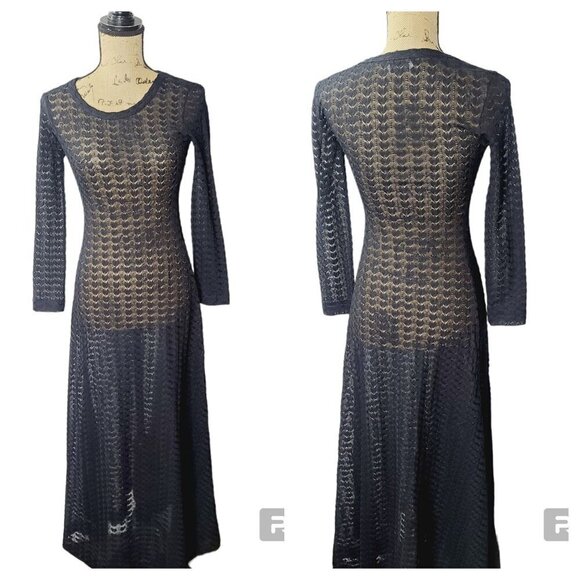 Vintage 1970s DVF Diane Von Furstenberg for RE-7 Black Crochet Sheer Dark Bohemi - Picture 1 of 16